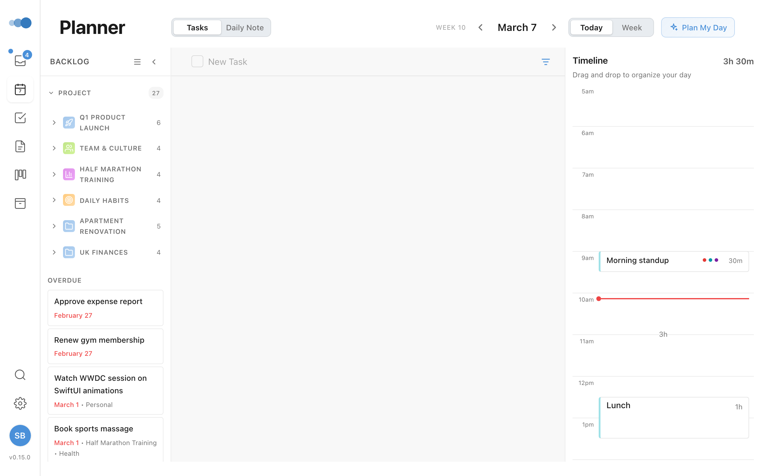 Planner timeline with scheduled tasks