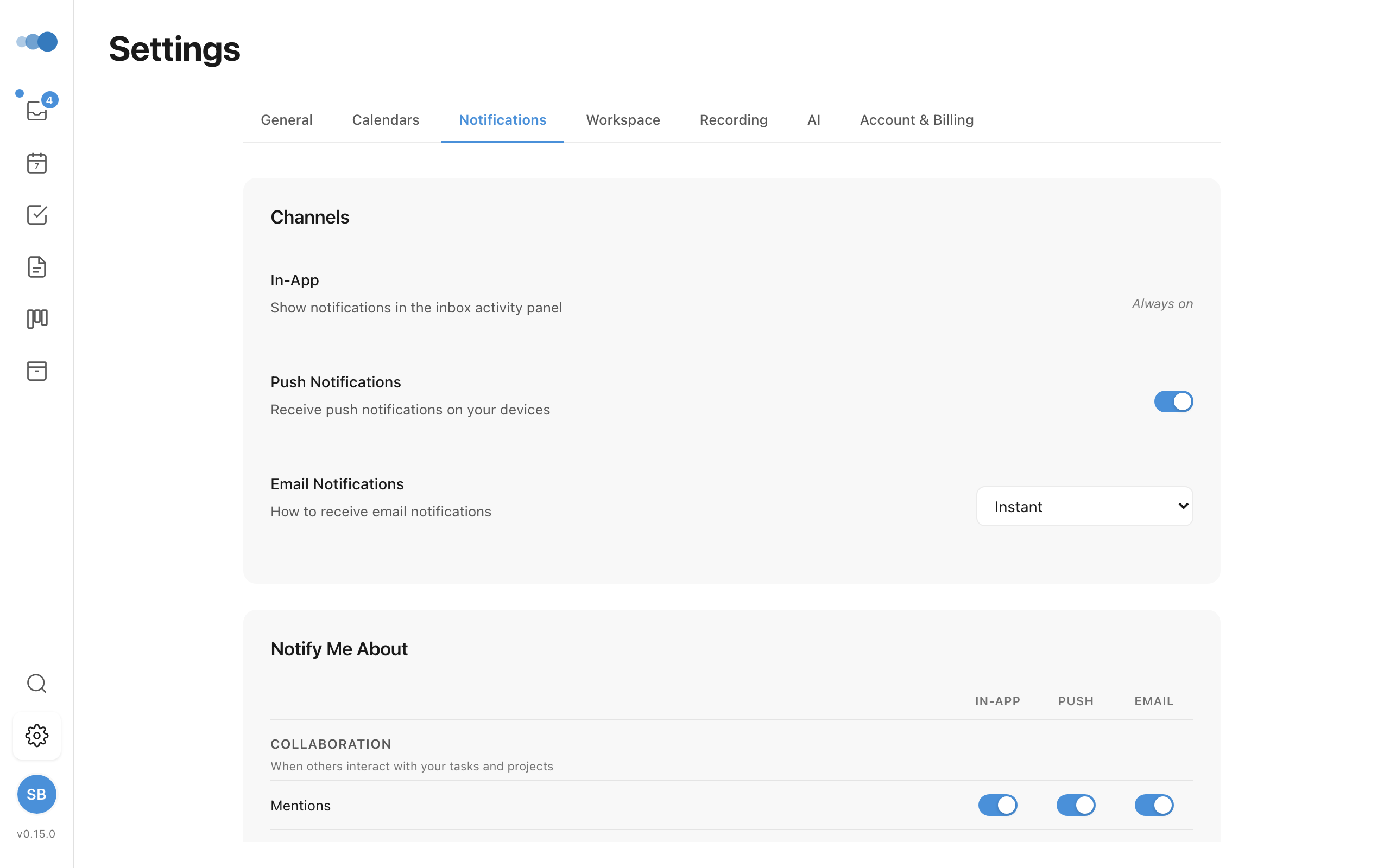 Notifications settings
